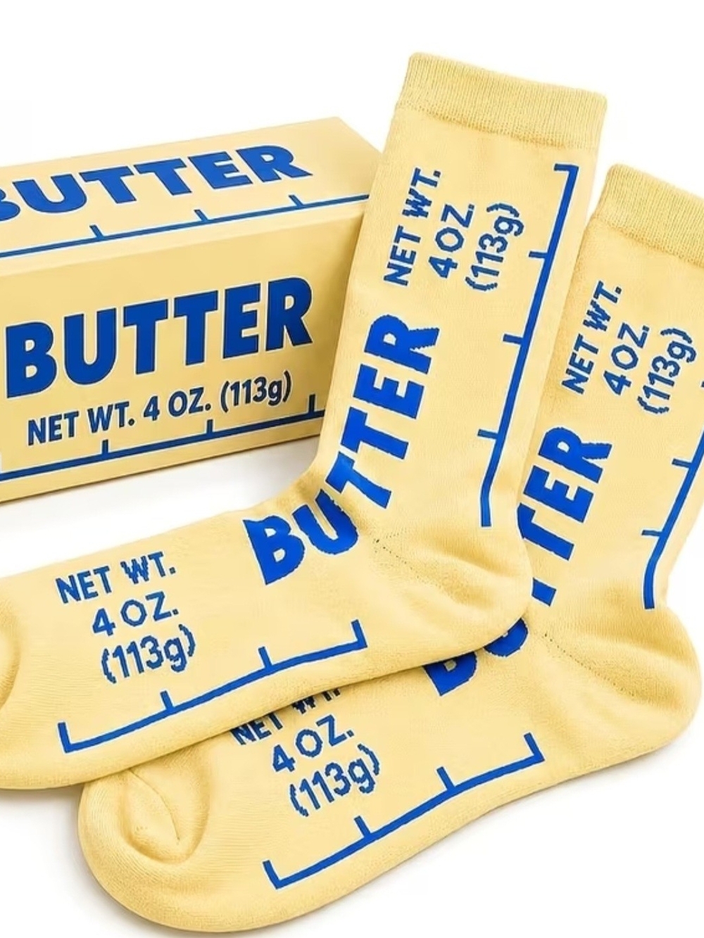 Yellow 'Butter' Graphic Crew Socks with Blue Print